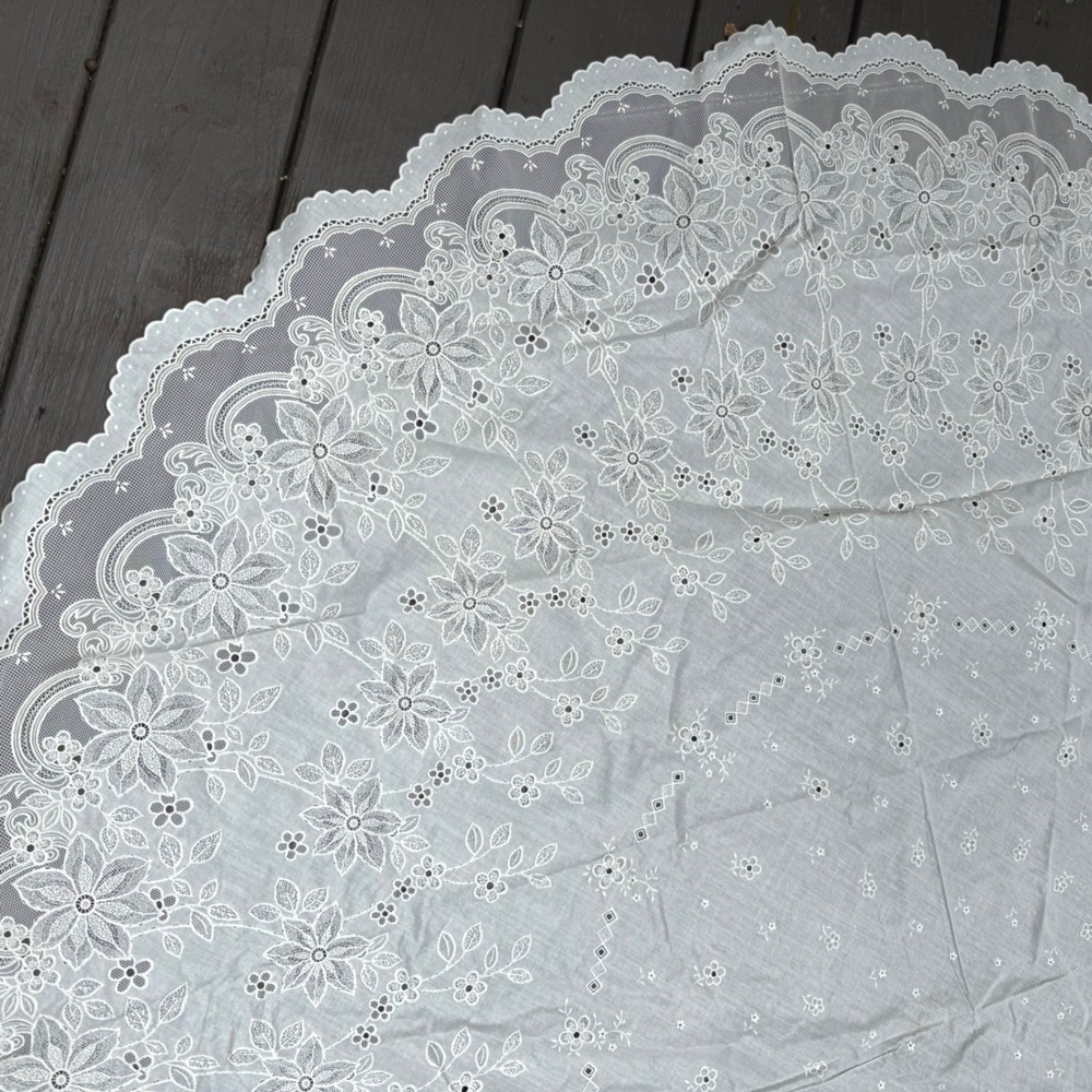 White Vinyl Lace Tablecloth 68.5" Round Floral Scalloped Edge Lace Look